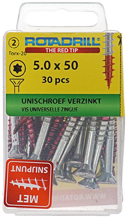 Rotadrill universeelschroef platkop TX20 - 5,0x50mm - 30st + gratis bitje