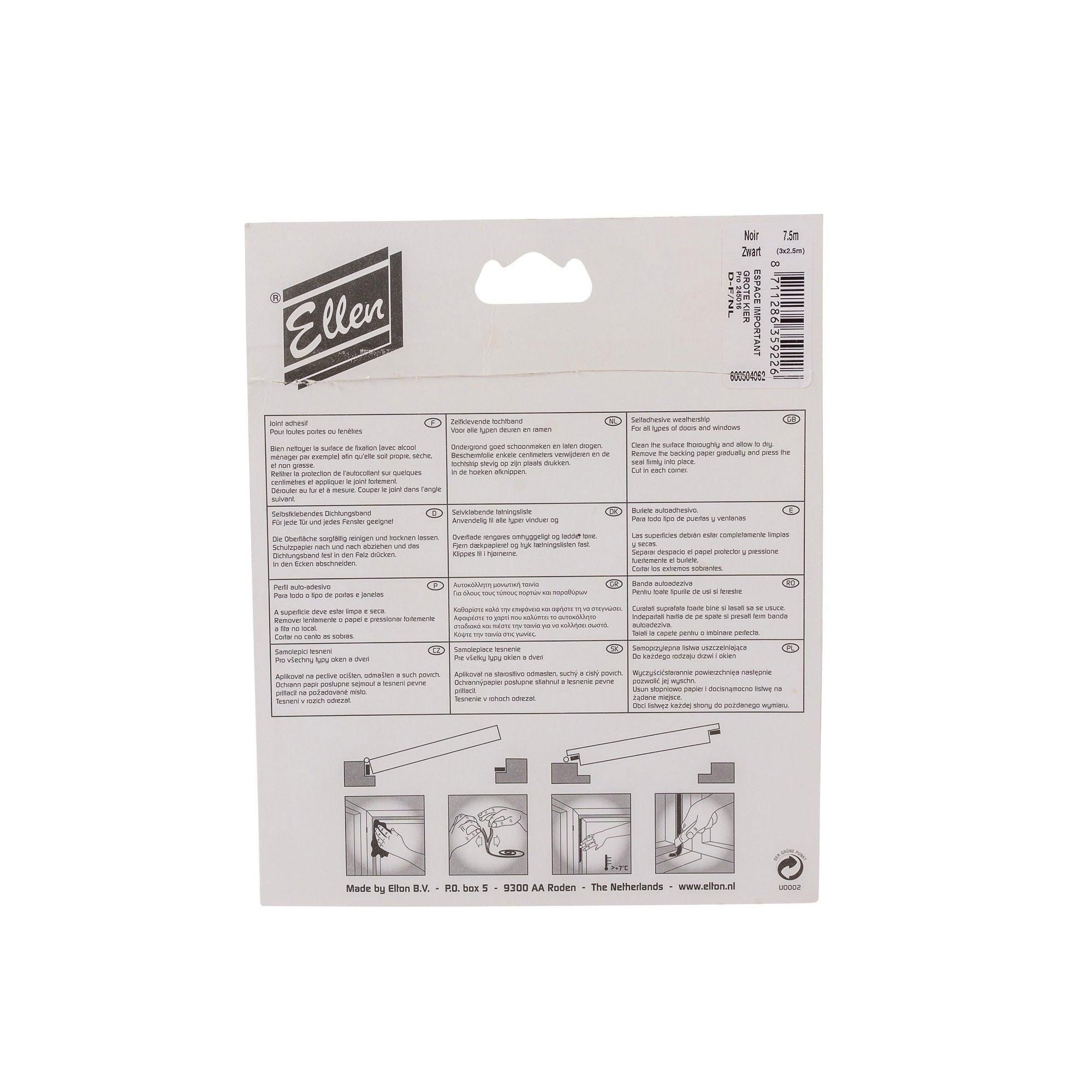 Ellen tochtstrip (tochtband) zelfklevend zwart - grote kieren 4-6mm - 7.5m